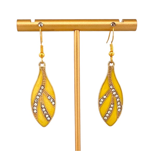 Yellow and Gold Tone Enamel Drop Earrings w/ s925 Sterling Silver Hooks - Picture 2 of 5
